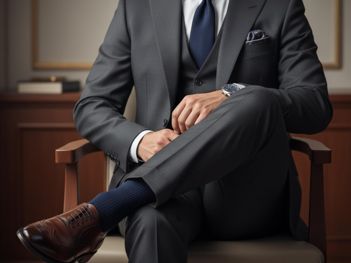 Phối màu tất đồng điệu với cà vạt hay khăn túi áo giúp tổng thể thêm tinh tế và hài hòa