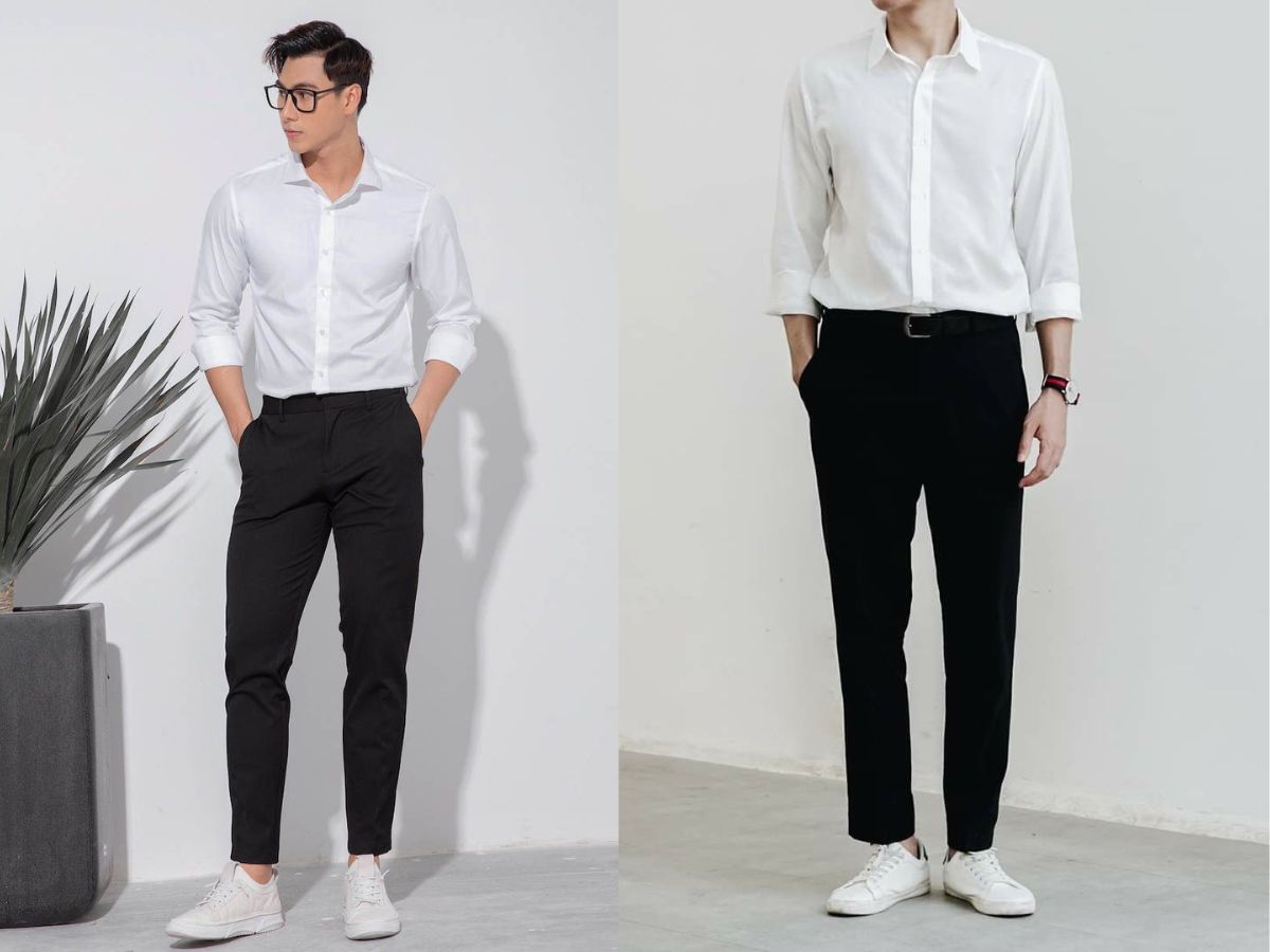 Phong cách lịch lãm với áo sơ mi trắng sơ vin, quần tây đen và sneaker trắng
