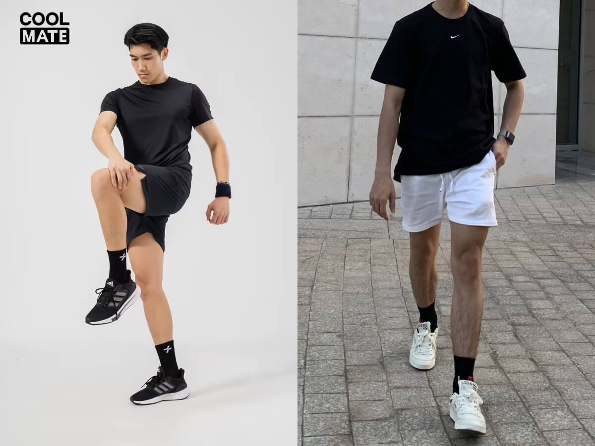 Phối áo thun đen với quần short thể thao