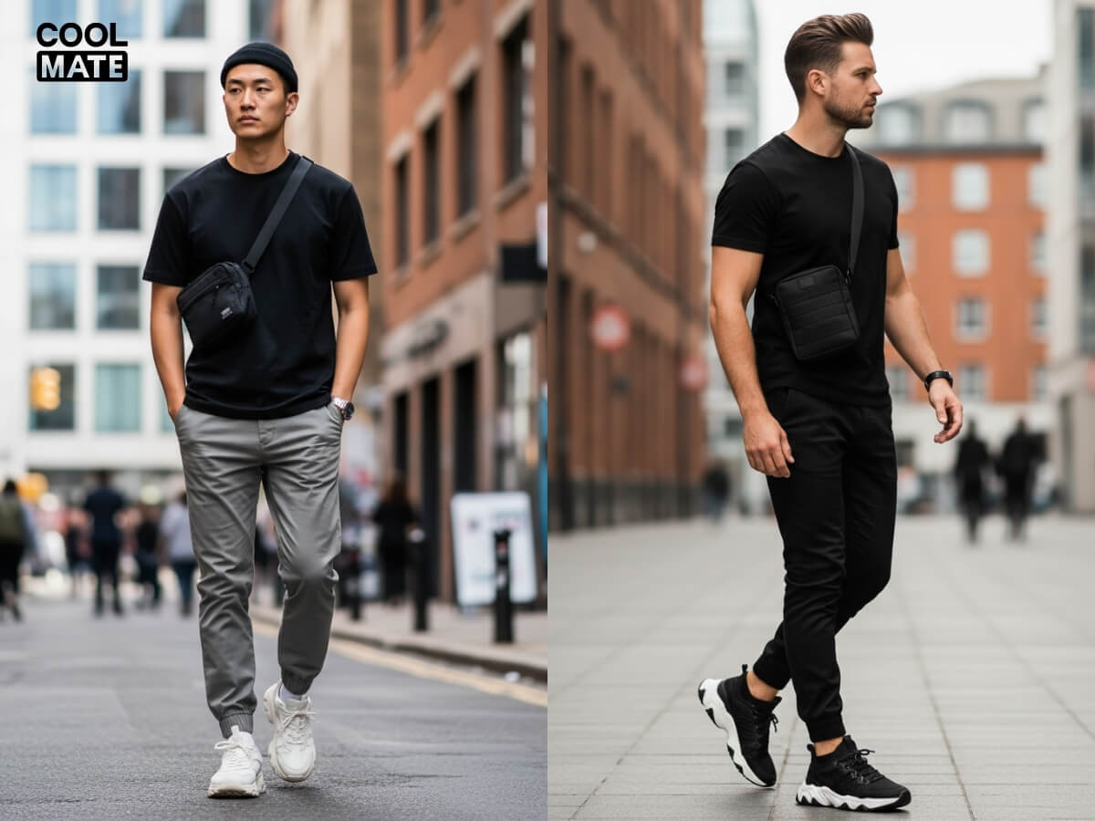 Phối áo thun đen quần jogger