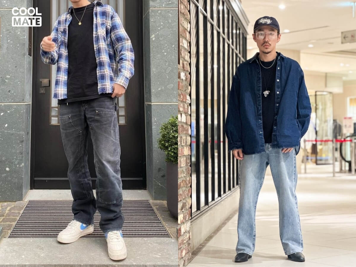 Khoác sơ mi ngoài áo thun đen