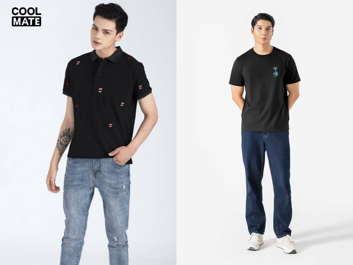 Áo thun đen và Quần Jeans xanh