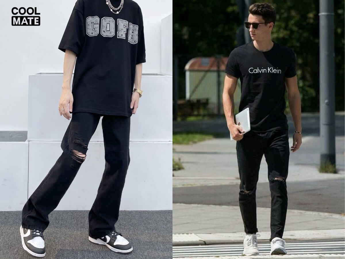 Phối áo thun đen với quần jeans rách/Baggy