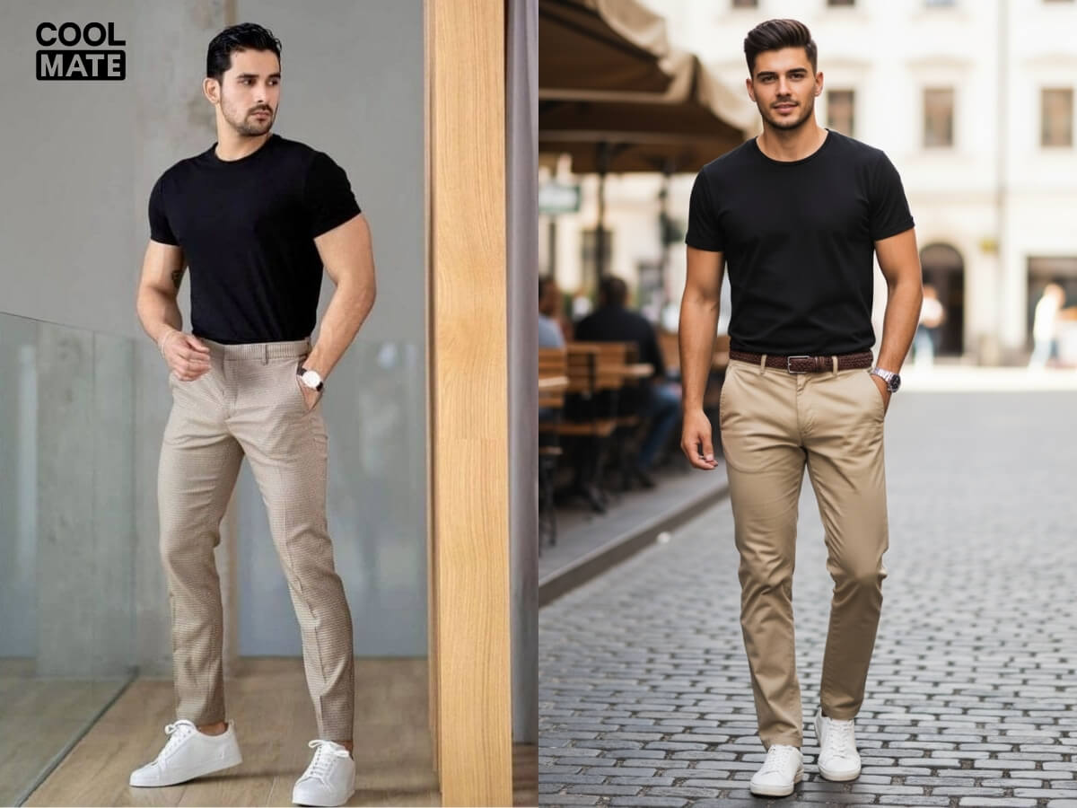 Phối áo thun đen với quần kaki/chinos be/trắng sữa