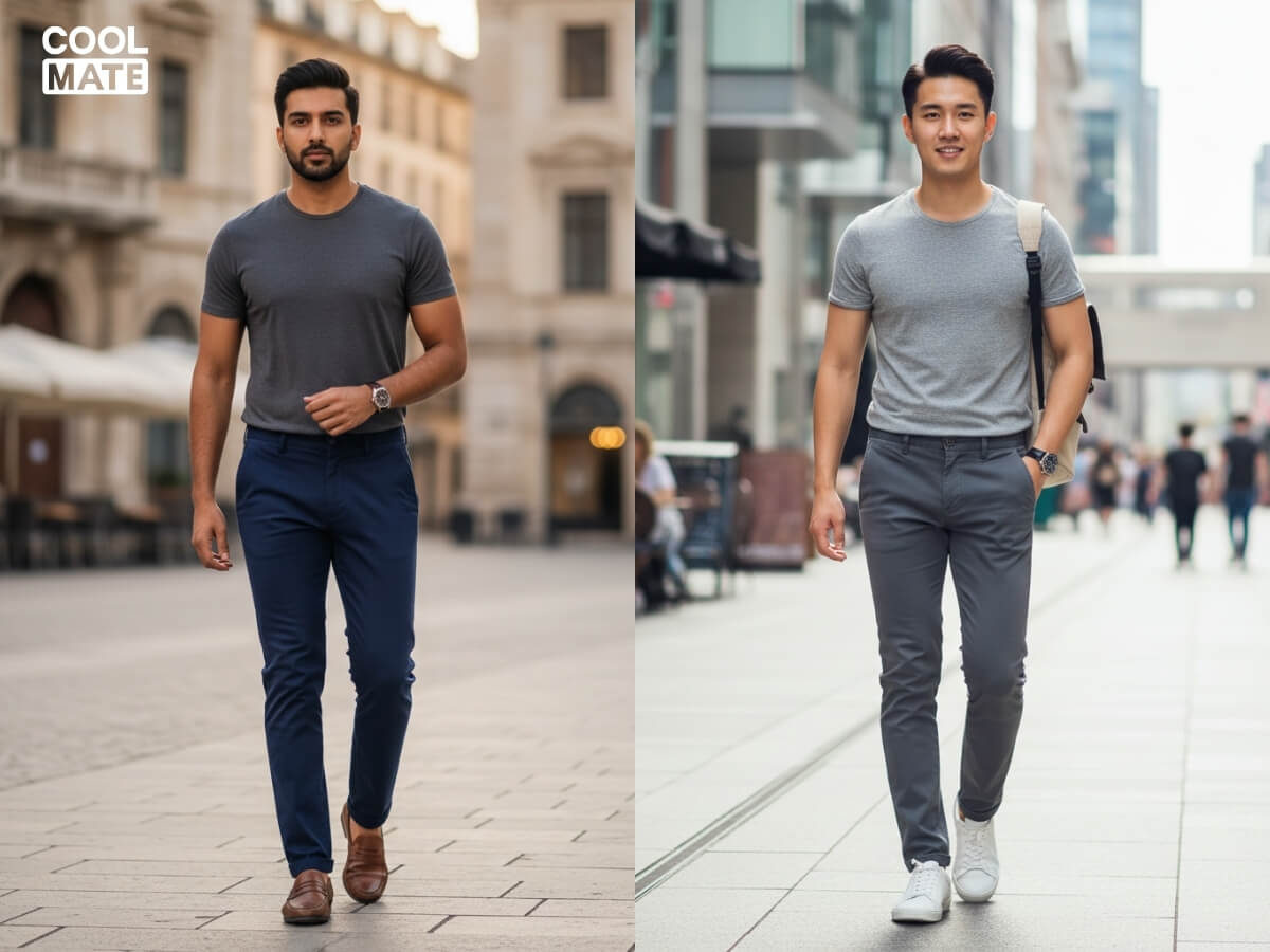 Phối áo thun đen với quần kaki/chinos xám/xanh navy