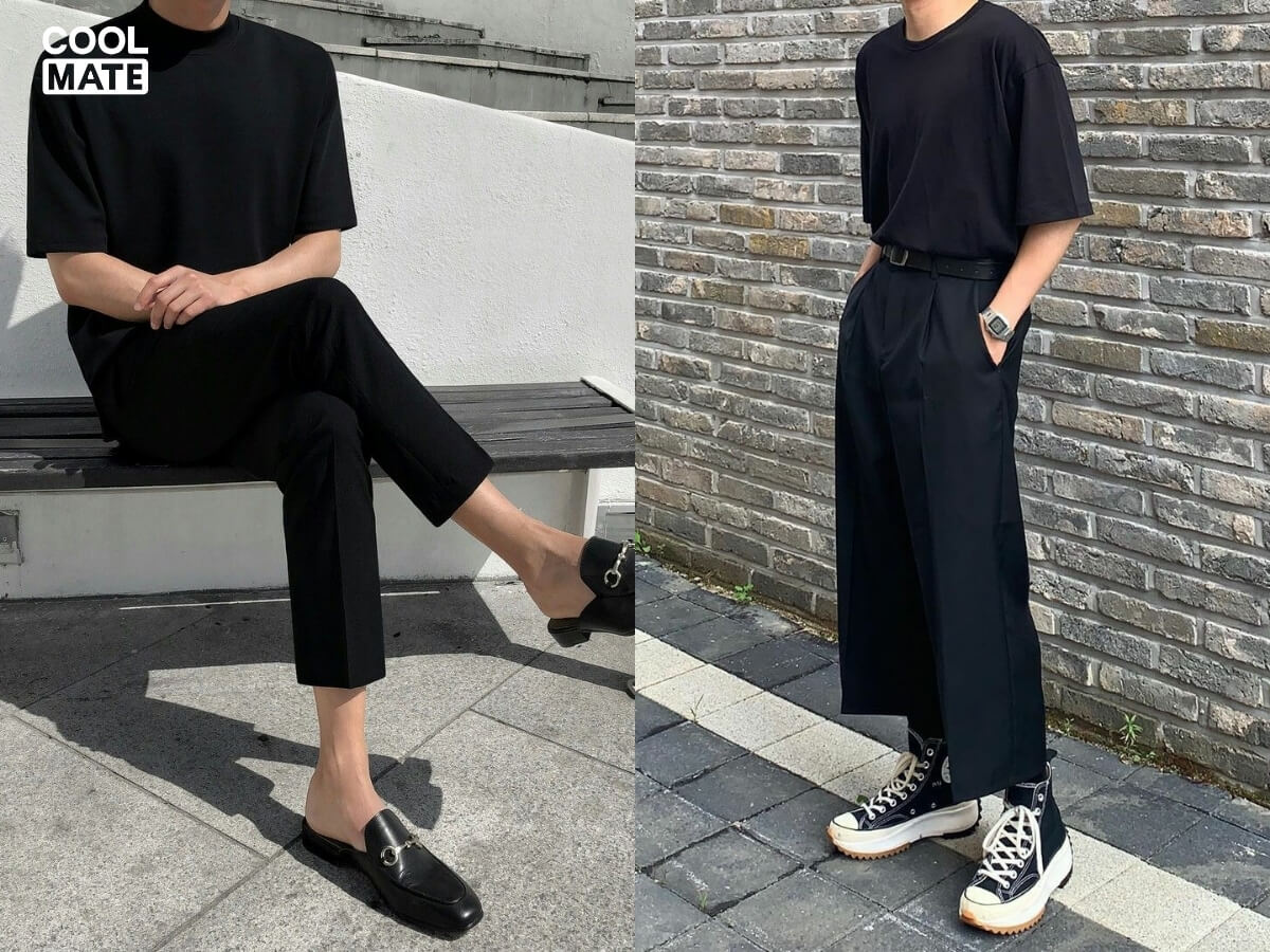 Phối áo thun đen với quần tây đen