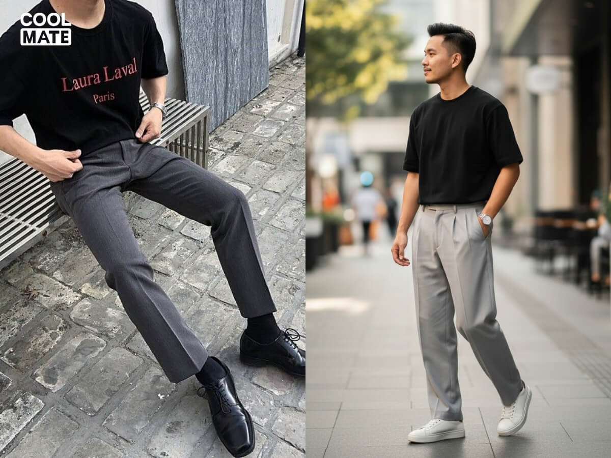 Phối áo thun đen với quần tây ghi/xám