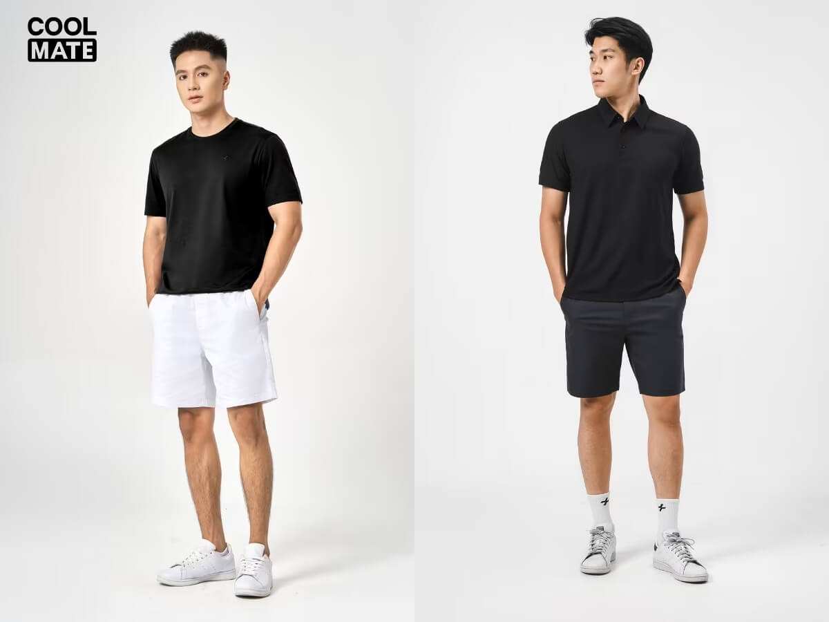 Phối áo thun đen với quần short Kaki/Jeans