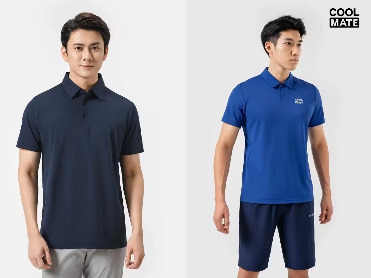 Set đồ Monochrome màu xanh navy với áo polo đậm màu hơn quần shorts, tạo sự chuyển tiếp sắc độ tinh tế