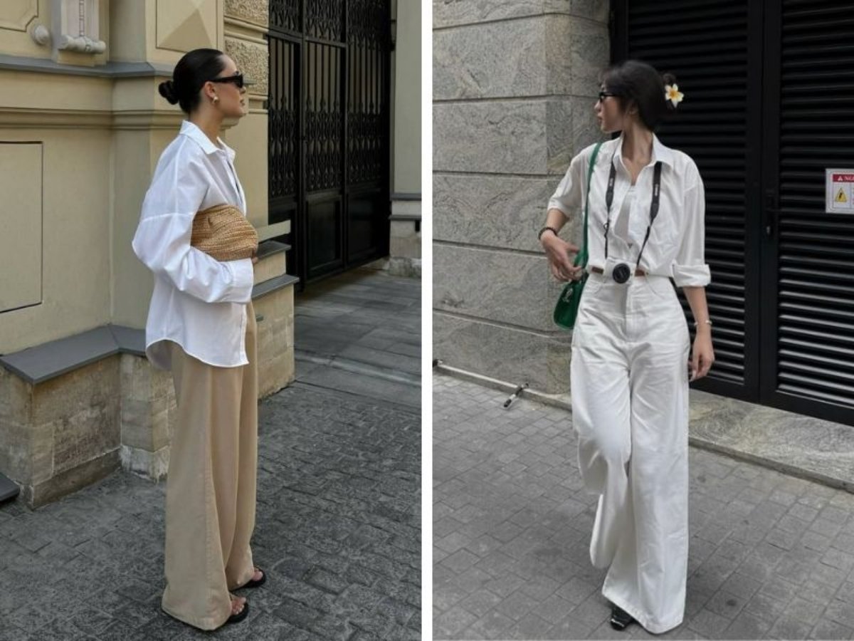 Cô gái công sở thanh lịch trong set đồ Monochrome trắng với áo sơ mi và quần ống rộng