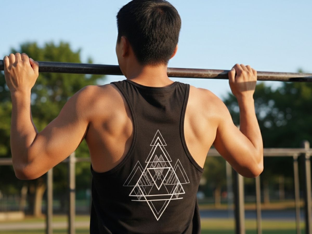 Người mẫu nam đang tập luyện, mặc áo Racerback Tank top, chụp từ phía sau để thấy rõ thiết kế lưng áo