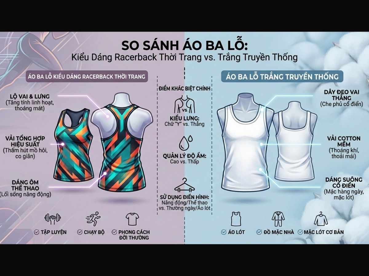 Infographic so sánh hình ảnh một chiếc Racerback Tank top thời trang và một chiếc áo may ô trắng truyền thống