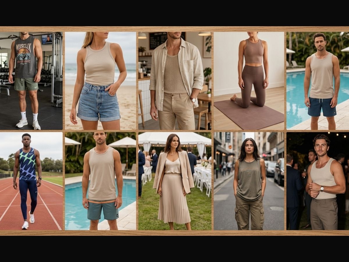 Collage nhiều phong cách phối đồ với Tank top cho cả nam và nữ, từ năng động, thể thao đến smart-casual