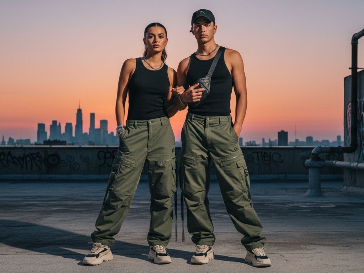 Mẫu nam và nữ mặc áo ba lỗ đen cùng quần túi hộp màu xanh rêu, thể hiện phong cách streetwear