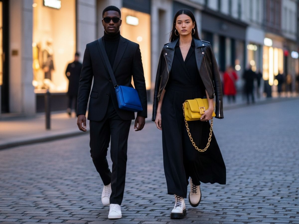 Mẫu nam và nữ trong trang phục all-black, làm nổi bật các phụ kiện như giày trắng hoặc túi xách màu nổi