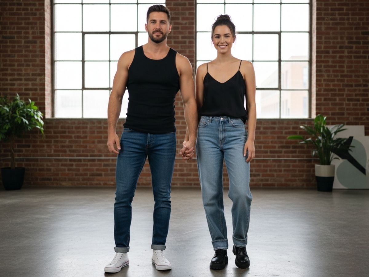 Mẫu nam và nữ cùng mặc áo ba lỗ đen phối với quần jean xanh có kiểu dáng khác nhau