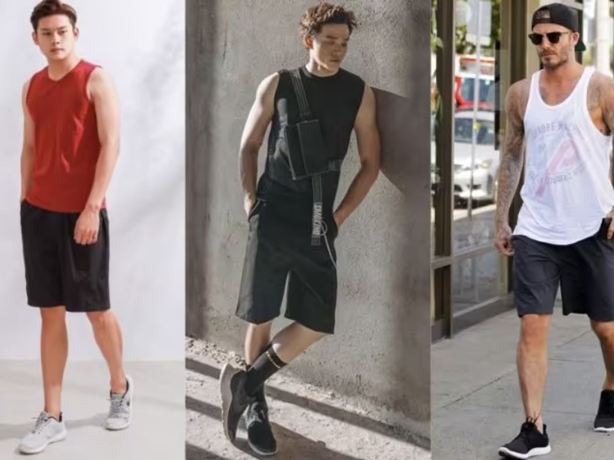Bạn nam mặc tank top với quần short, chụp trong bối cảnh dạo phố
