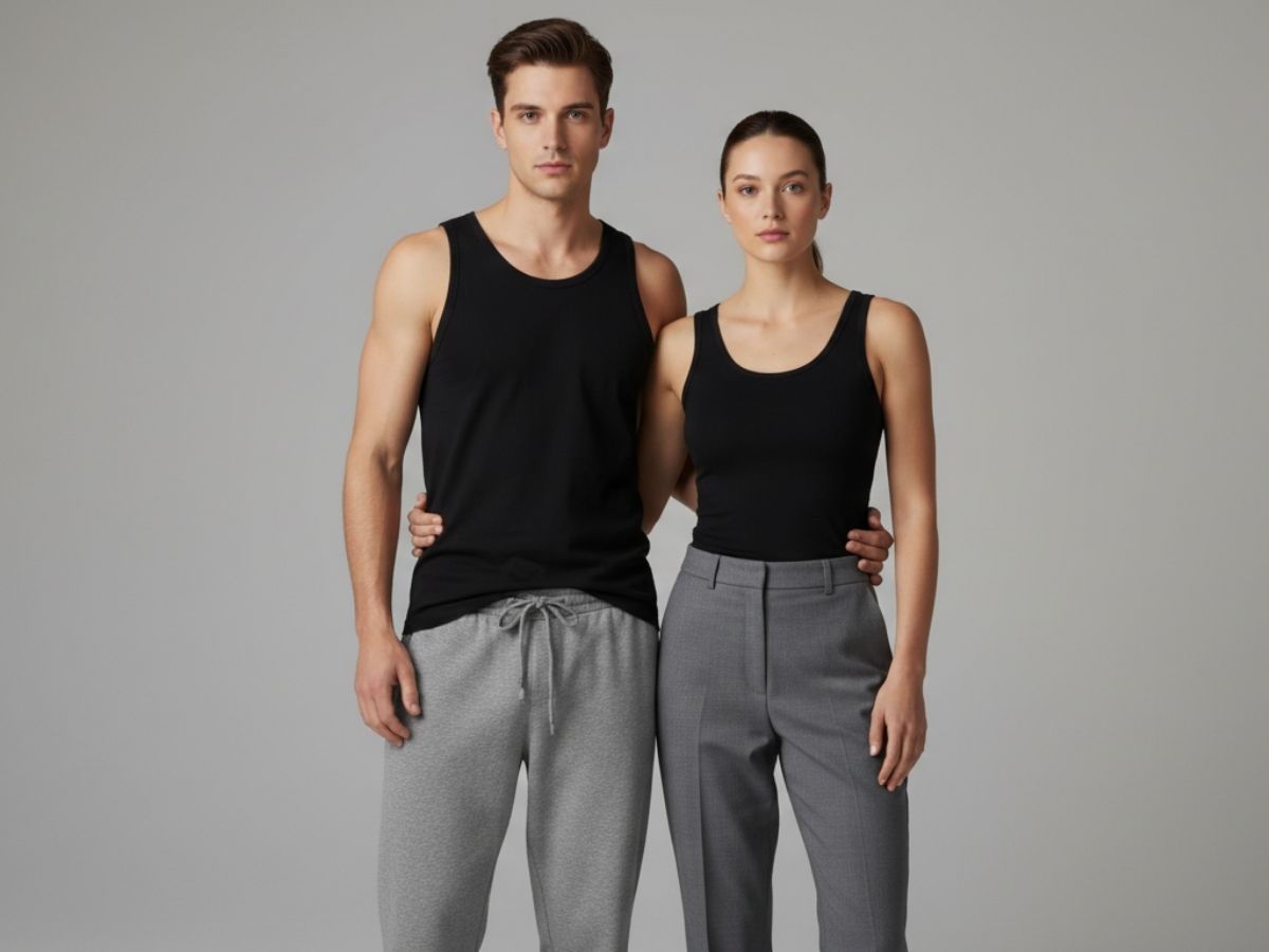 Mẫu nam mặc áo ba lỗ đen với quần jogger xám và mẫu nữ mặc áo ba lỗ đen với quần tây xám