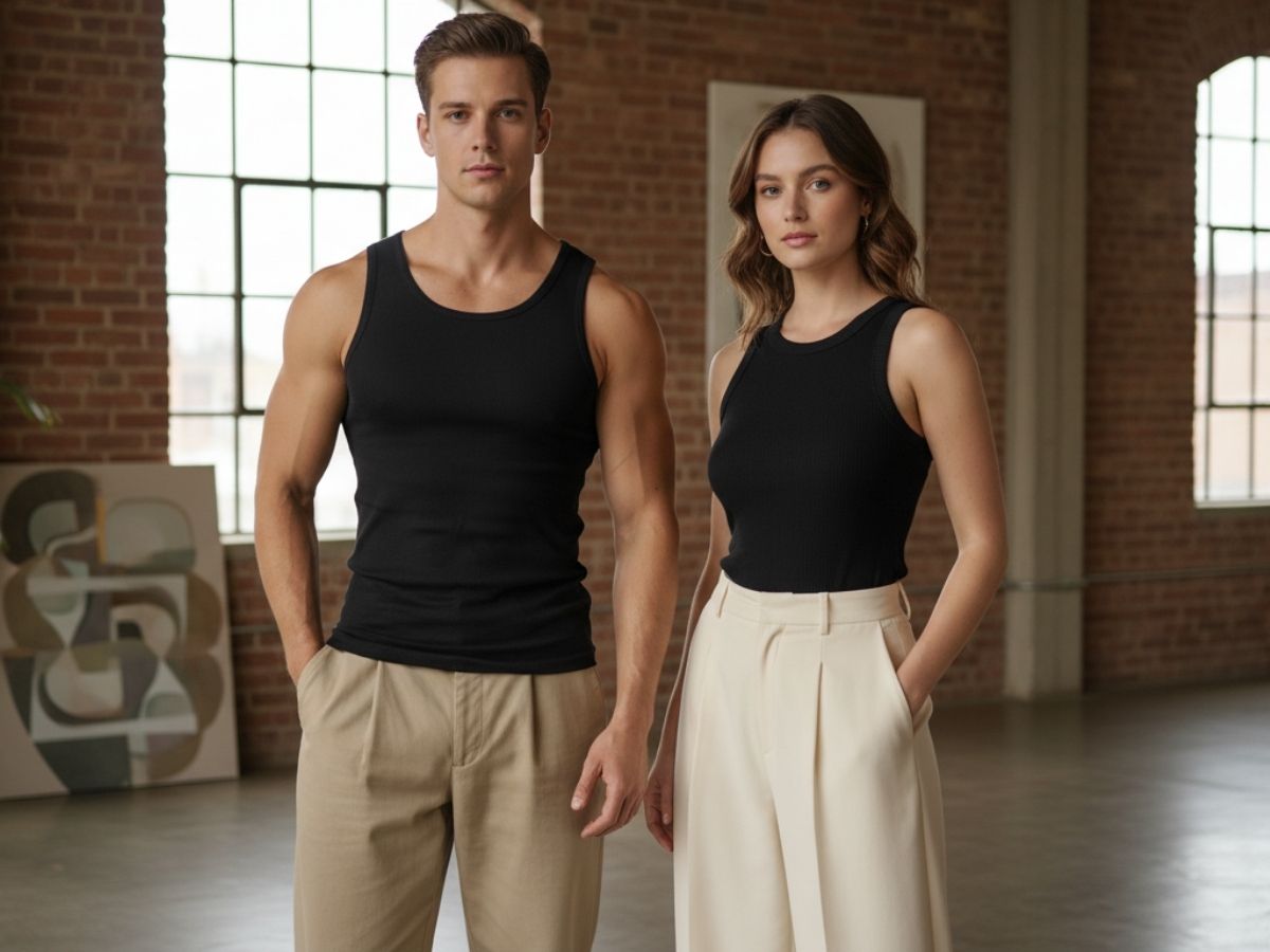 Mẫu nam mặc áo ba lỗ đen với quần kaki màu be và mẫu nữ mặc áo ba lỗ đen với quần vải ống rộng màu kem