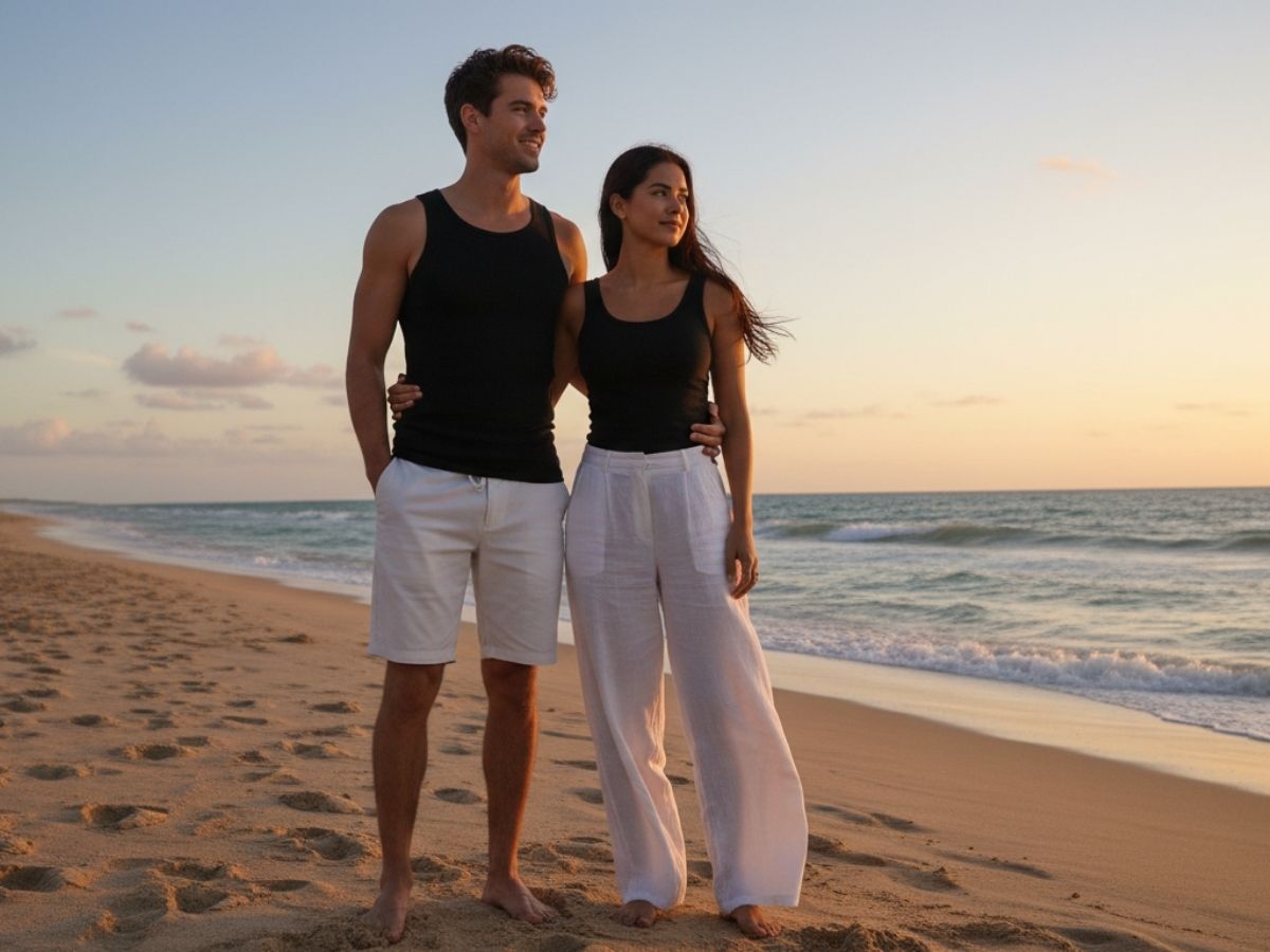 Mẫu nam mặc áo ba lỗ đen với quần short kaki trắng và mẫu nữ mặc áo ba lỗ đen với quần ống rộng trắng