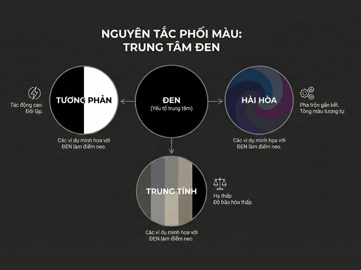 Infographic đơn giản thể hiện 3 nguyên tắc phối màu (tương phản, tương đồng, trung tính) với màu đen làm trung tâm