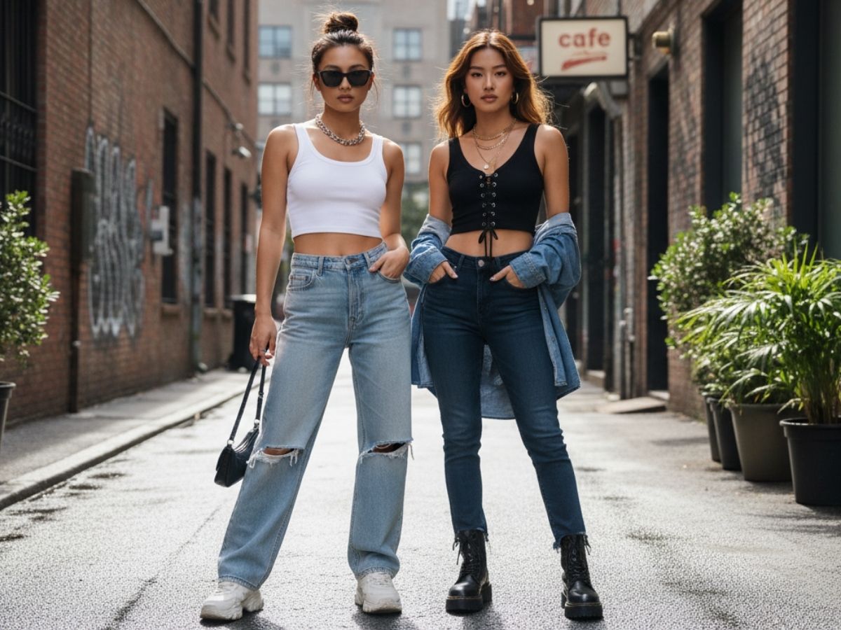 Bạn nữ trẻ trung phối đồ street style với Crop Tank top và quần jean cạp cao