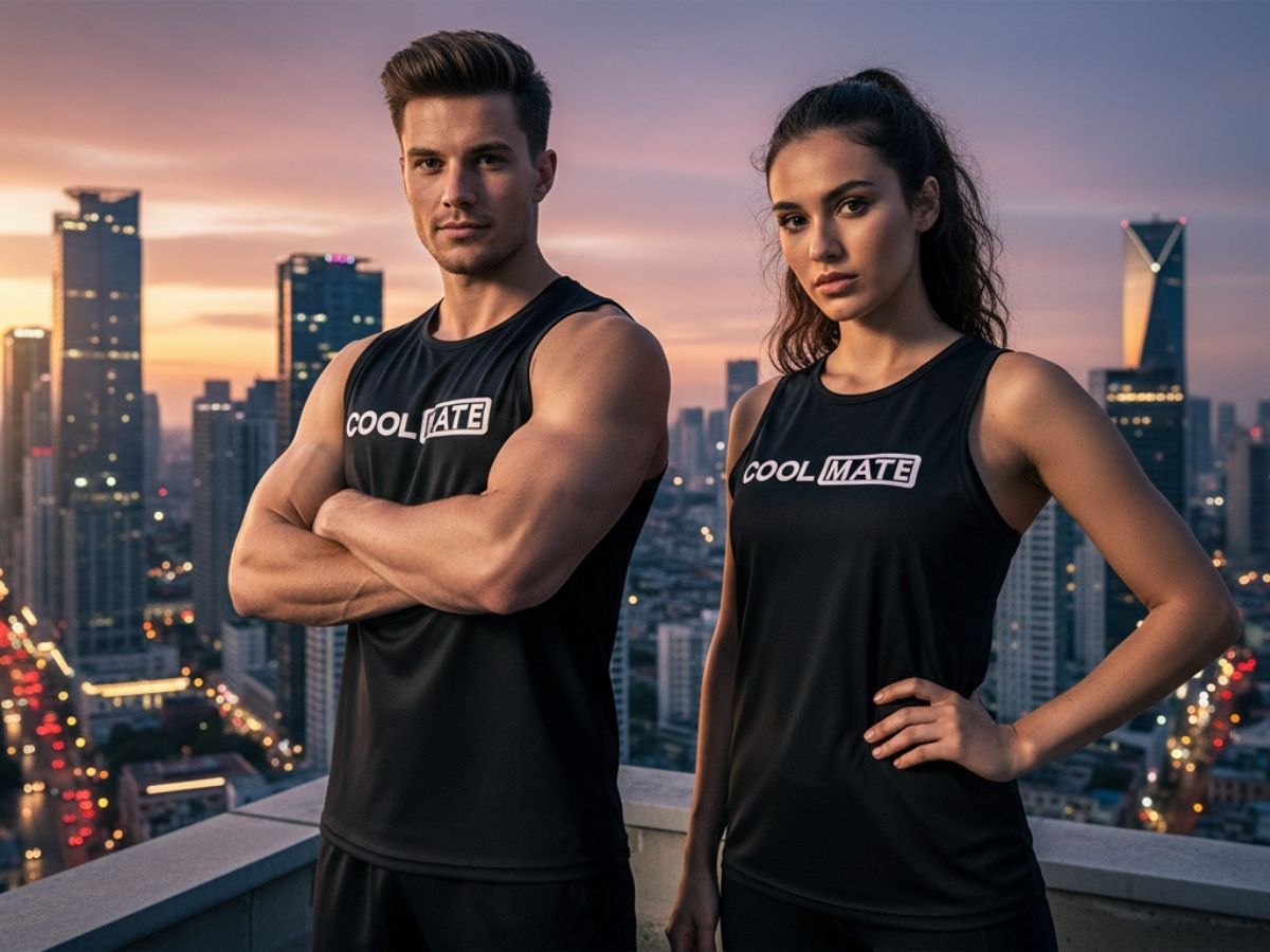 Một người mẫu nam và một người mẫu nữ cùng mặc áo ba lỗ đen Coolmate, tạo dáng tự tin trong một bối cảnh thành phố hiện đại
