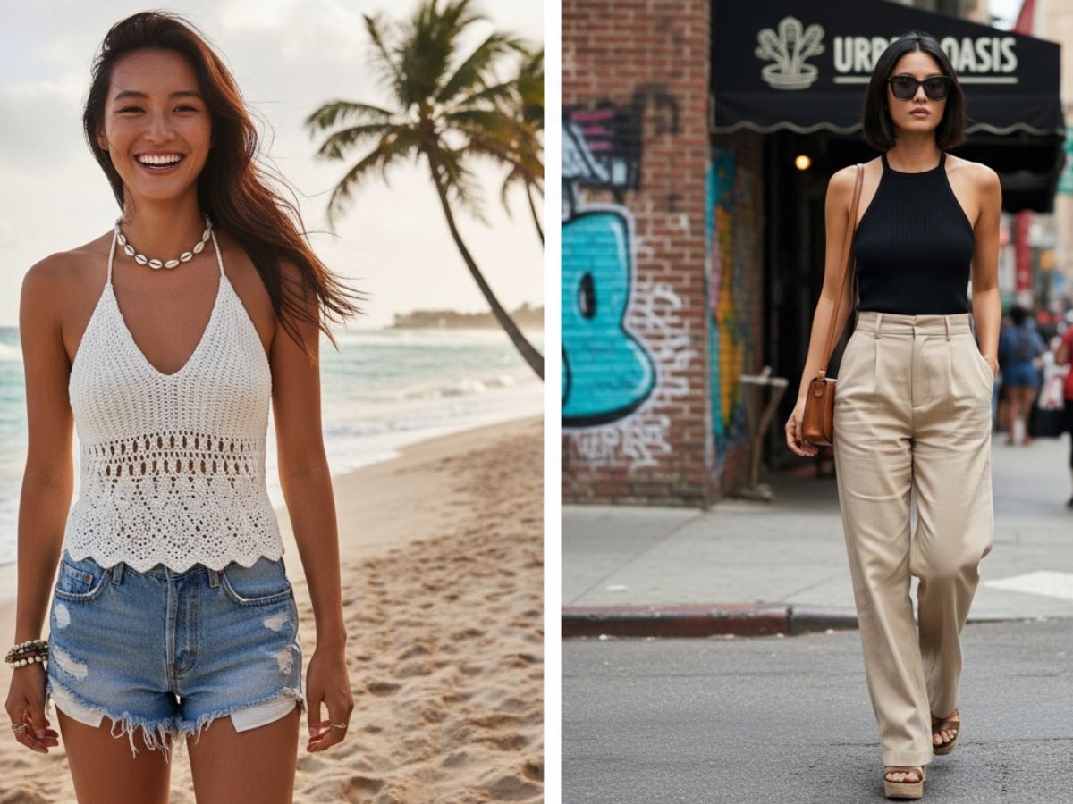 Người mẫu nữ mặc Halter Tank top trong bối cảnh đi biển hoặc dạo phố