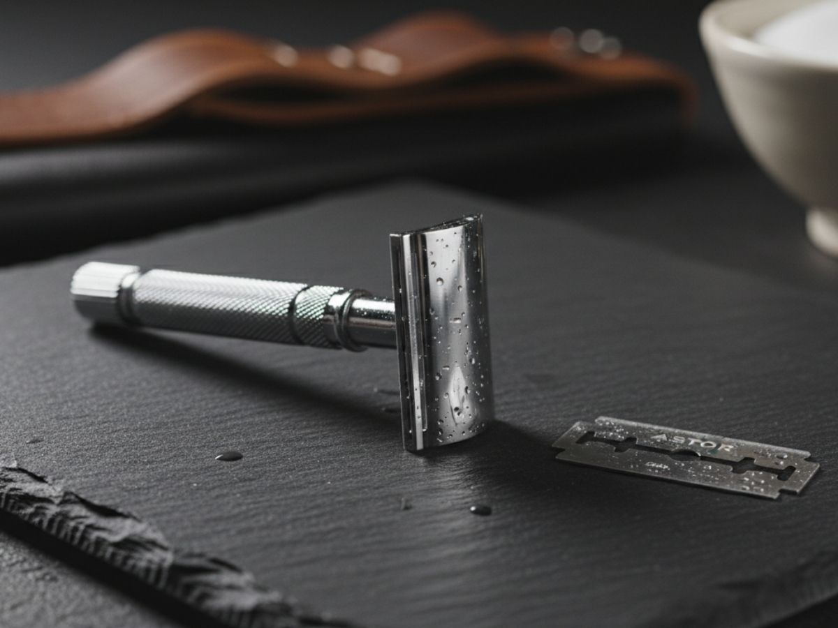 Cận cảnh một chiếc dao cạo Safety Razor bằng kim loại sáng bóng đặt cạnh một lưỡi lam