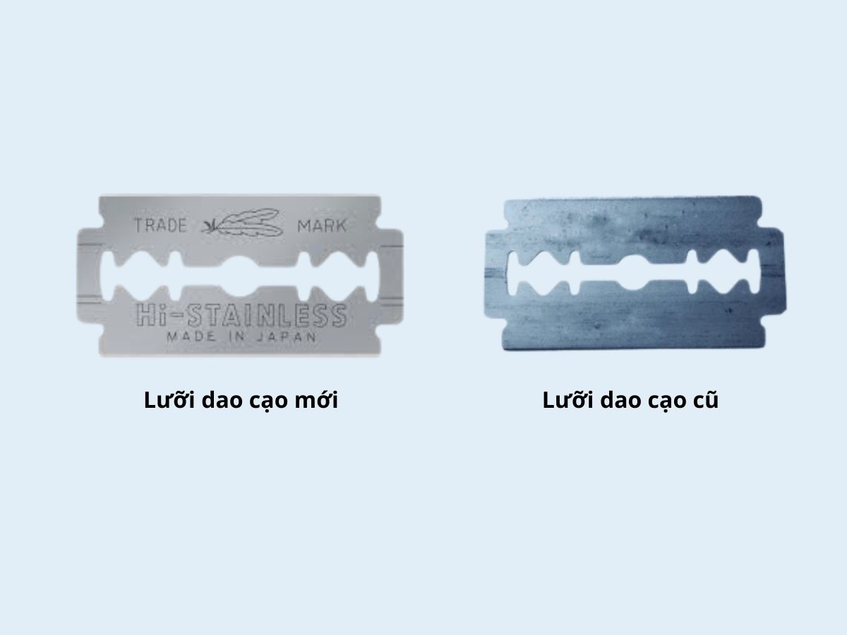 So sánh lưỡi dao cạo mới sáng bóng và một lưỡi dao cũ đã bị cùn, lục 