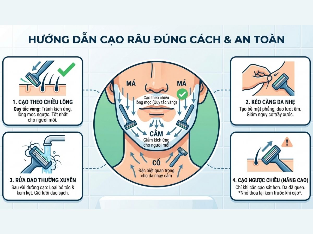 Infographic mô tả hướng cạo râu đúng trên các vùng khác nhau của khuôn mặt (má, cằm, cổ)