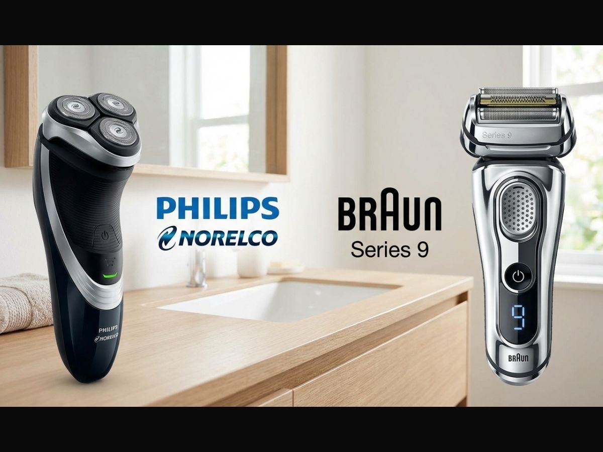 Hình ảnh một máy cạo râu Philips (đầu xoay) và một máy Braun (đầu lá) để so sánh