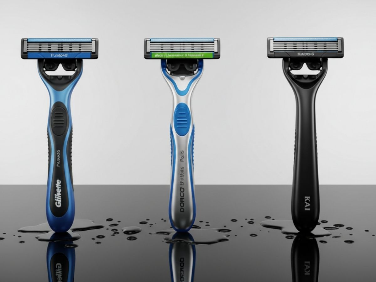Hình ảnh sản phẩm của Gillette Fusion 5, DORCO Pace 6 Plus và dao cạo KAI đặt cạnh nhau
