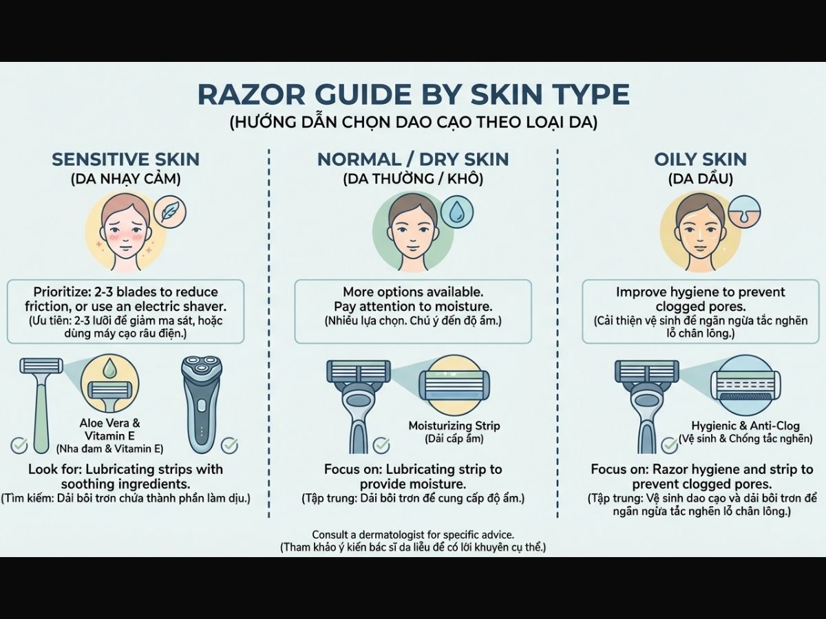 Infographic đơn giản mô tả 3 loại da (nhạy cảm, thường, dầu) và gợi ý loại dao cạo phù hợp cho mỗi loại