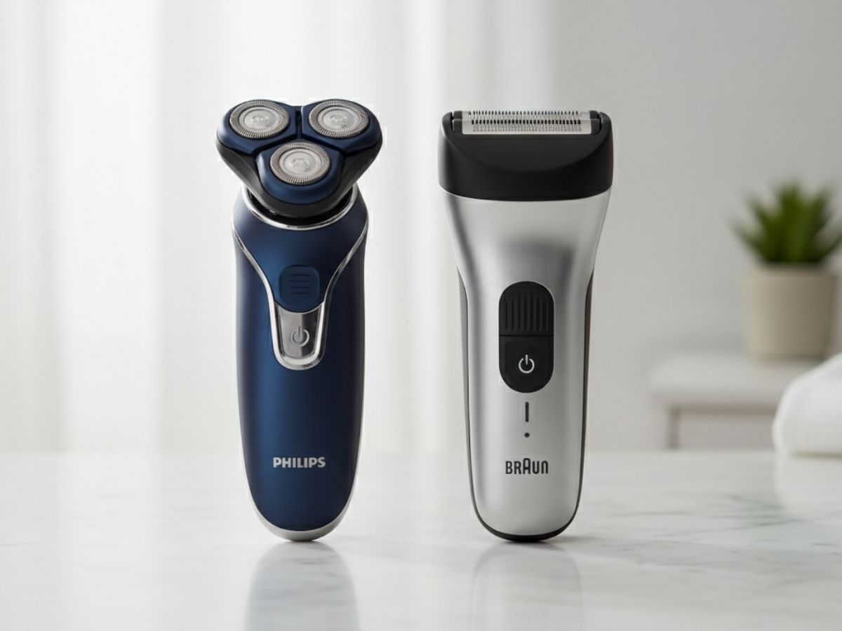 Một chiếc máy cạo râu điện dạng xoay (của Philips) và một máy dạng lá (của Braun) đặt cạnh nhau