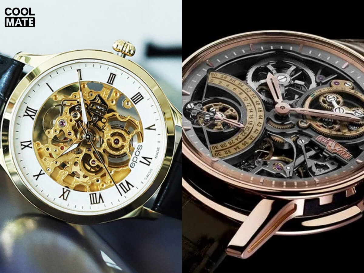 Bộ máy đồng hồ cơ Authentic lộ ra qua nắp lưng trong suốt, cho thấy các chi tiết máy tinh xảo