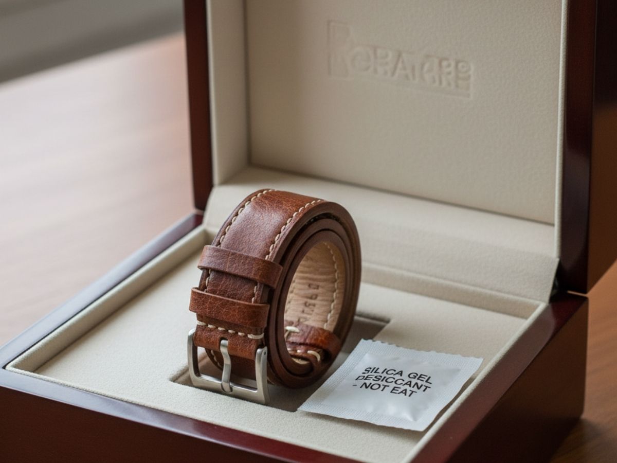 Dây đồng hồ da được đặt trong hộp kín cùng một gói hút ẩm