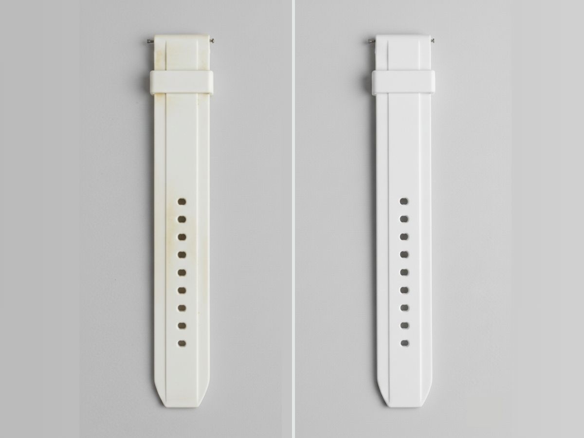 Vết ố vàng trên dây đồng hồ cao su khi được vệ sinh sạch