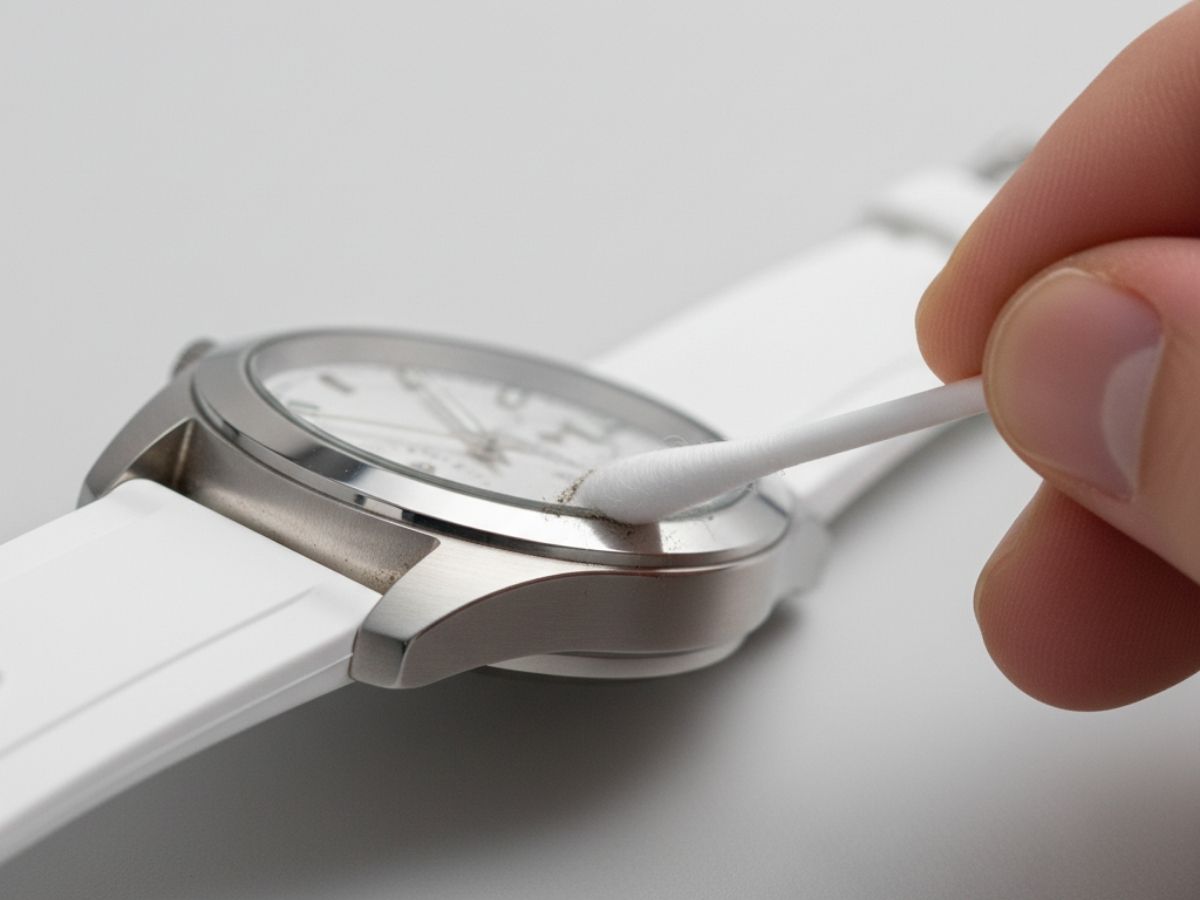 Dùng tăm bông làm sạch kẽ giữa vỏ và dây đồng hồ