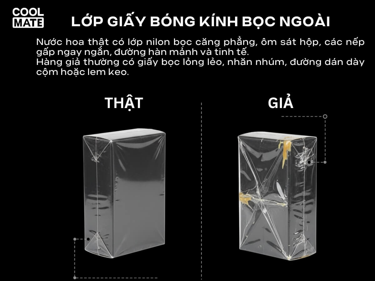 phân biệt nước hoa thật và nước hoa giả  bằng lớp giấy bóng kính bọc ngoài