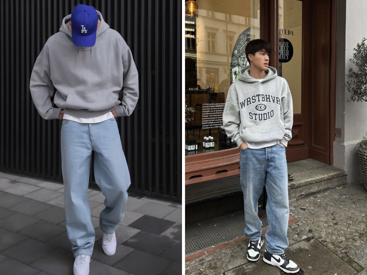 Quần jean mix đồ với áo hoodie giúp anh em thêm gọn gàng