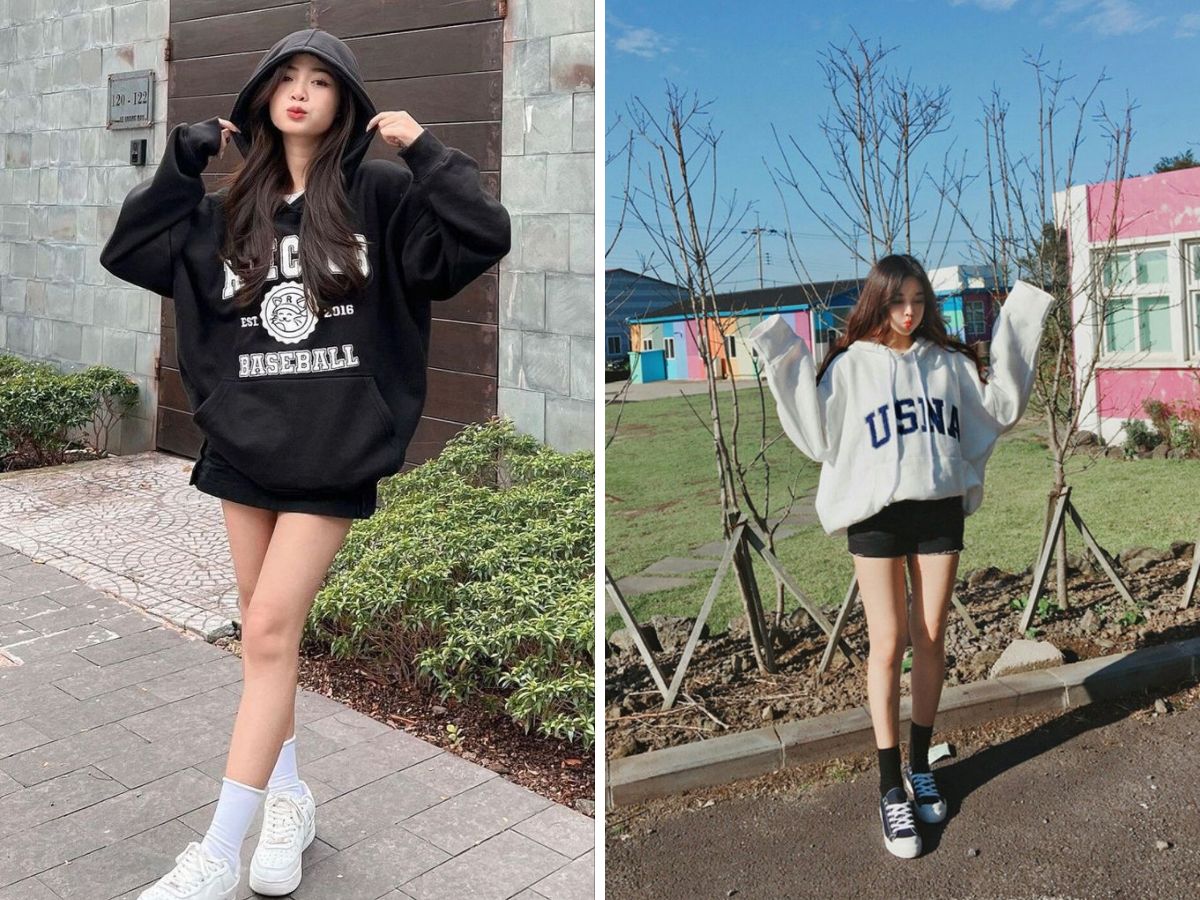 Hoodie kết hợp cùng quần short giúp khoe trọn đôi chân thon gọn