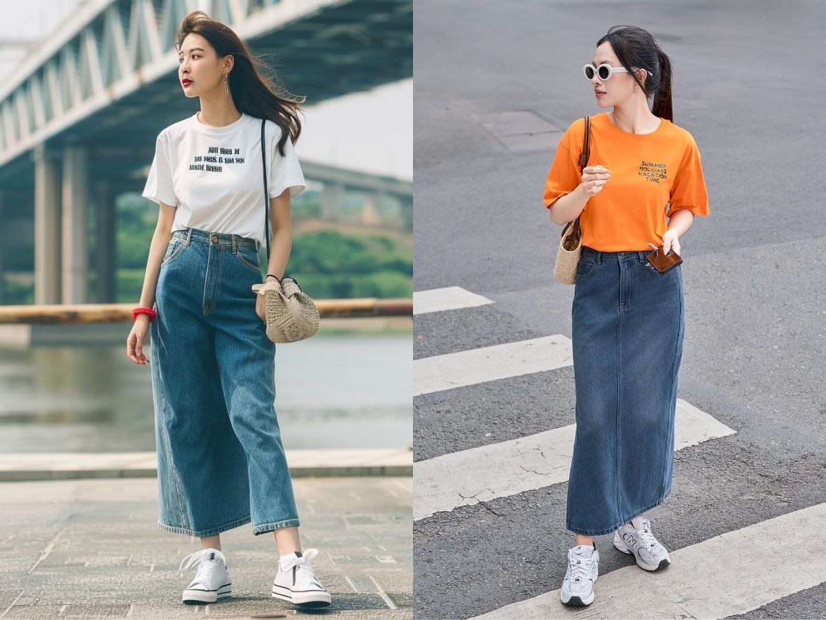 Chân váy dài phối cùng áo thun localbrand