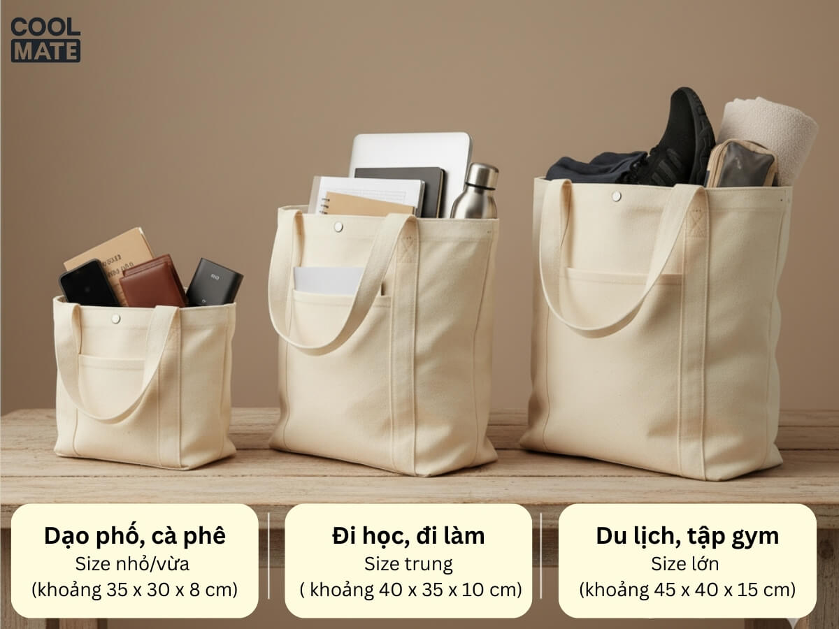 Cách chọn túi tote vải canvas cho nam bằng kích thước túi