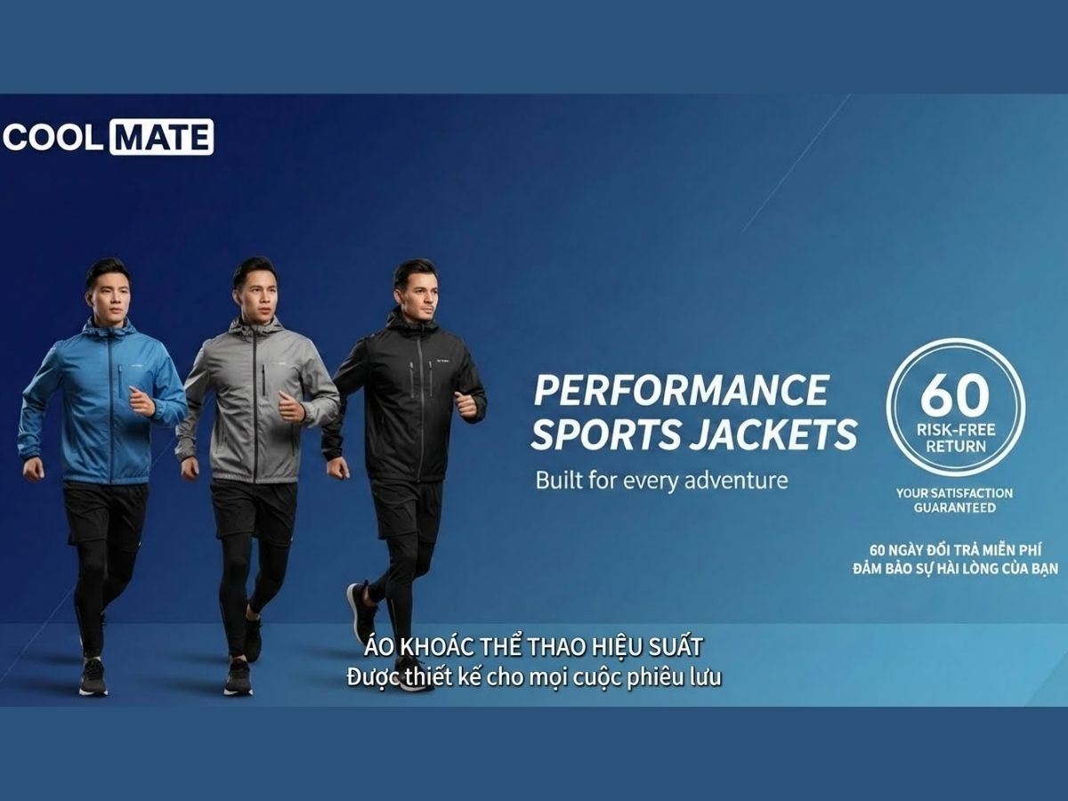 Banner đồ họa nổi bật các dòng áo khoác thể thao của Coolmate cùng chính sách đổi trả 60 ngày