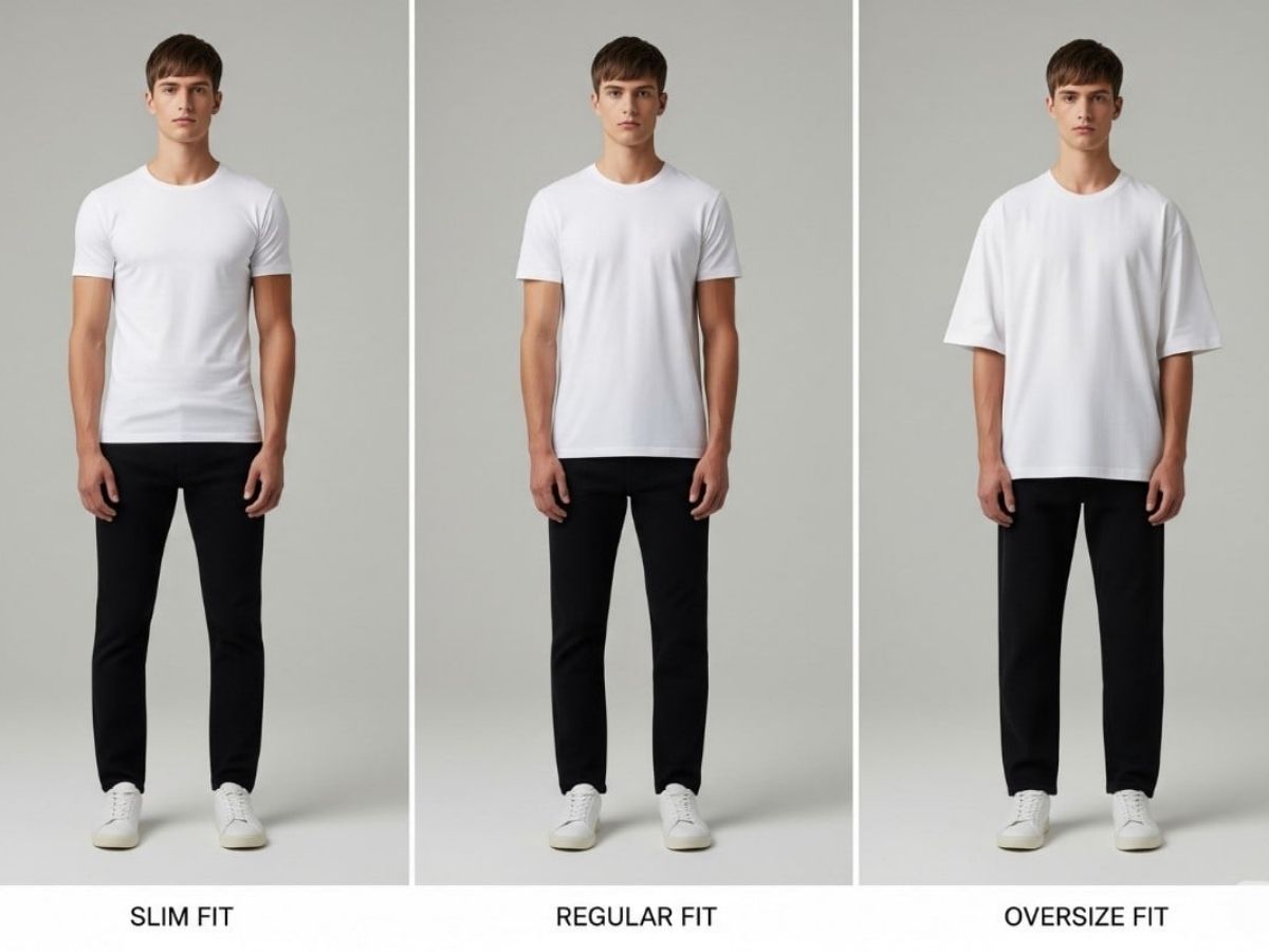 Ba người mẫu nam mặc 3 form áo khác nhau: Regular, Slim và Oversized