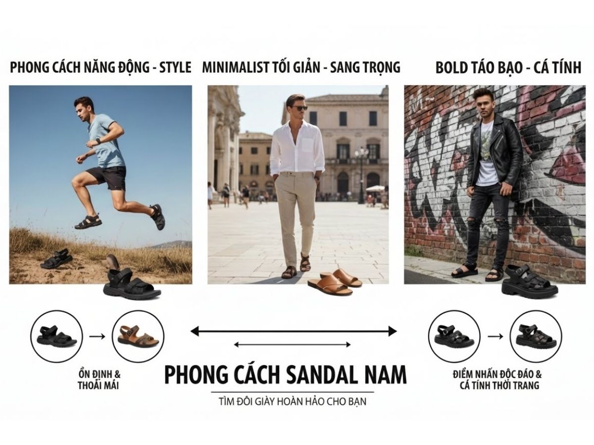 Hình ảnh các phong cách (chàng trai năng động, lịch lãm, cá tính) với kiểu sandals tương ứng