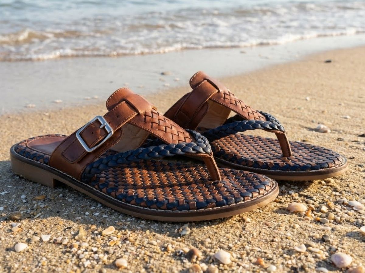 Cận cảnh một đôi sandals xỏ ngón thời trang trên nền cát biển