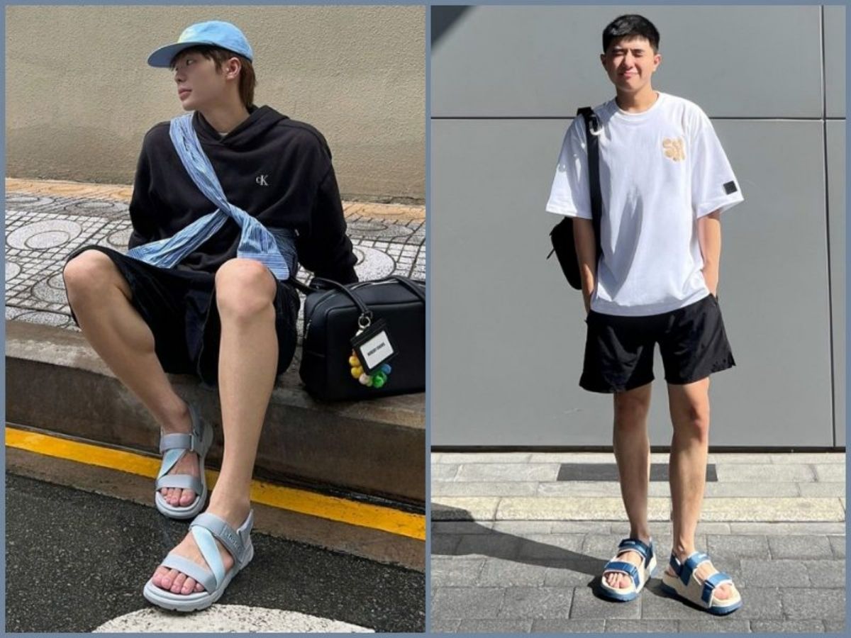 Chàng trai mang sandals quai ngang, phối cùng quần short và áo phông trong bối cảnh dạo phố