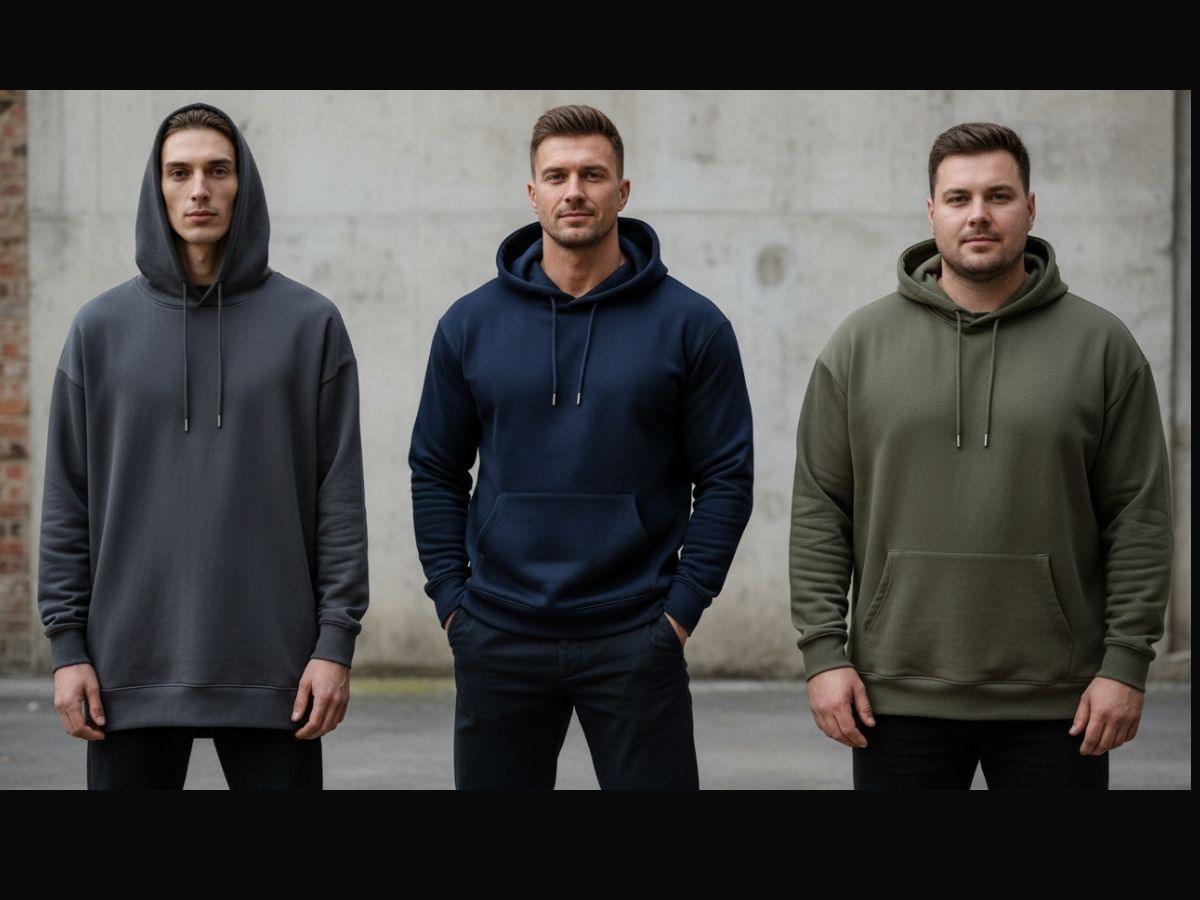Ba người mẫu nam với ba vóc dáng khác nhau mặc ba form áo hoodie: Oversize, Regular fit, và Dáng suông